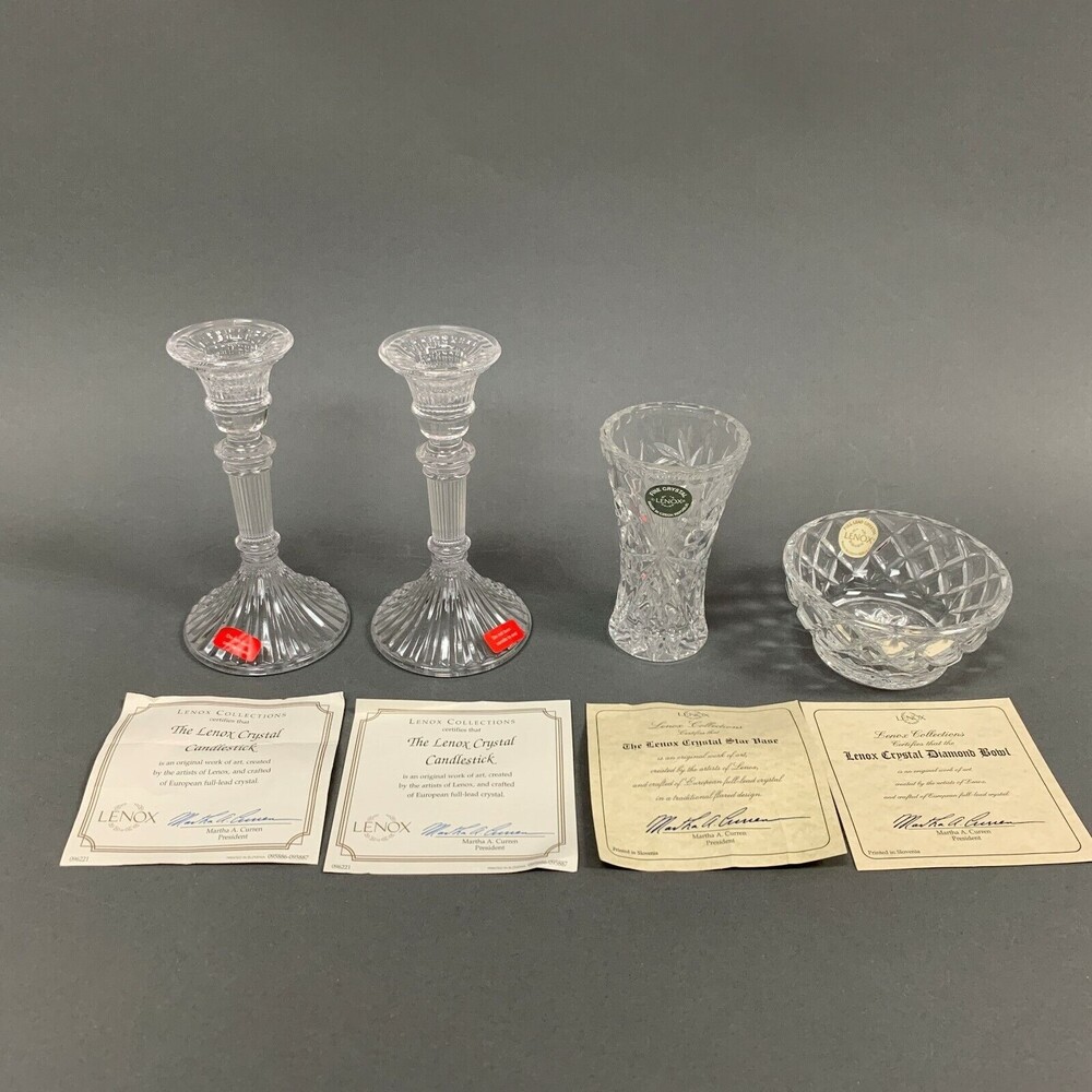 Lenox Collections Clear Crystal Candle Holders Bowl Vase Czech Republic Lot of 4